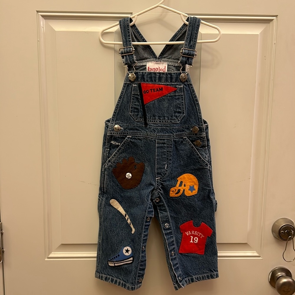 Sport appliquéd Jean overalls, size 12 months